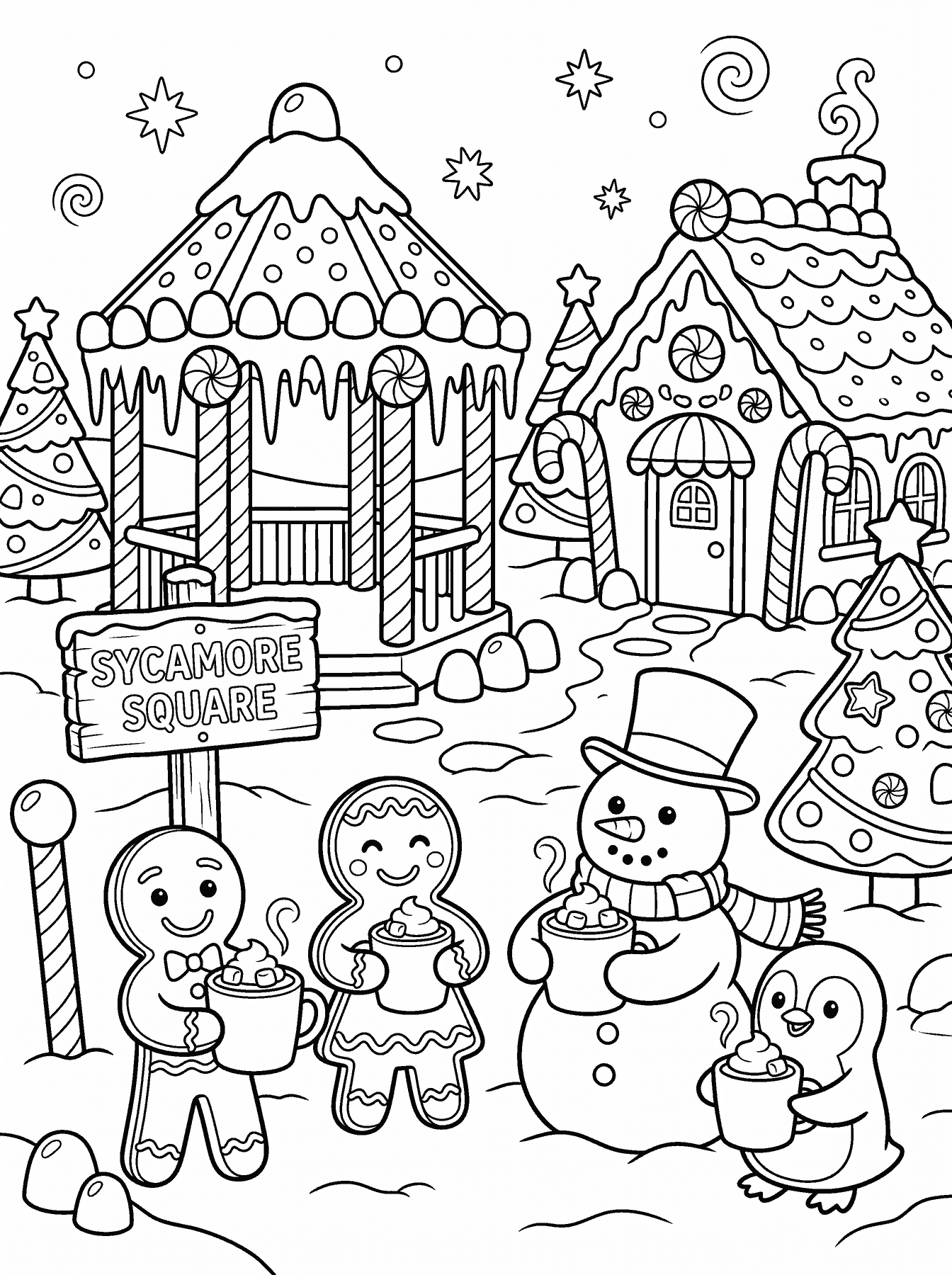 Cozy Gingerbread & Hot Cocoa Village — Midlothian Weekly printable coloring page
